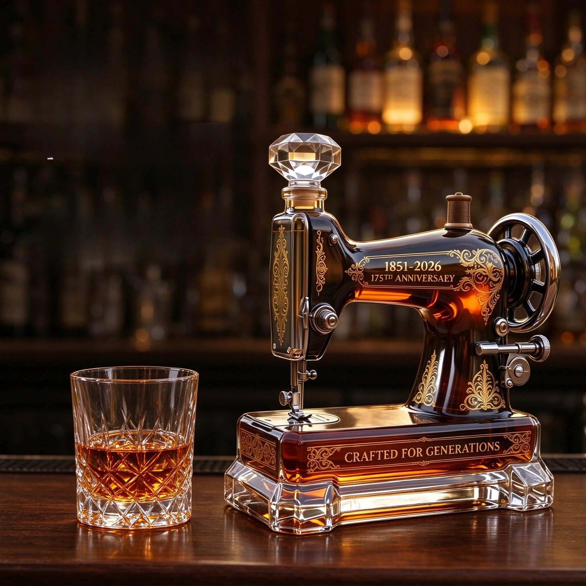 Retro Sculptured Glass Whiskey Decanter, Decorative Sewing Machine Shape Spirit Bottle, Home Bar Display Ornament, Unique Wine