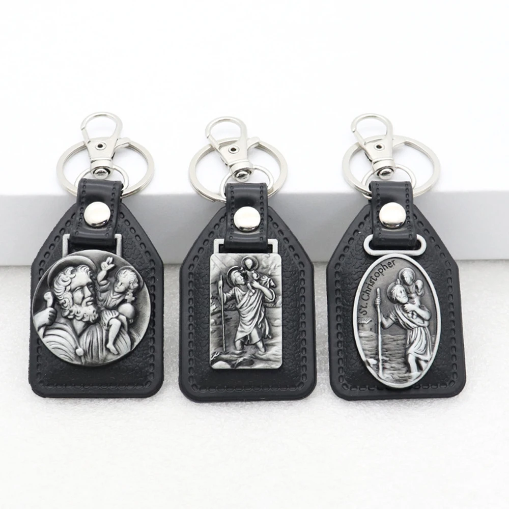 Diyalo Catholic Cross Christ Jesus Guardian Driver St Christopher Keychain Car Bag Pu Leather Key Rings Hangings Church Supplies