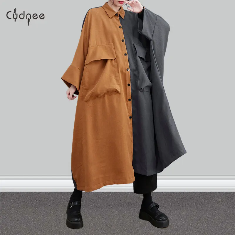 New Contracst Patchworks Oversize Lady Baggy Shirt Dress Buttoned A-Line Korean Casual Trench Coat Long Dress