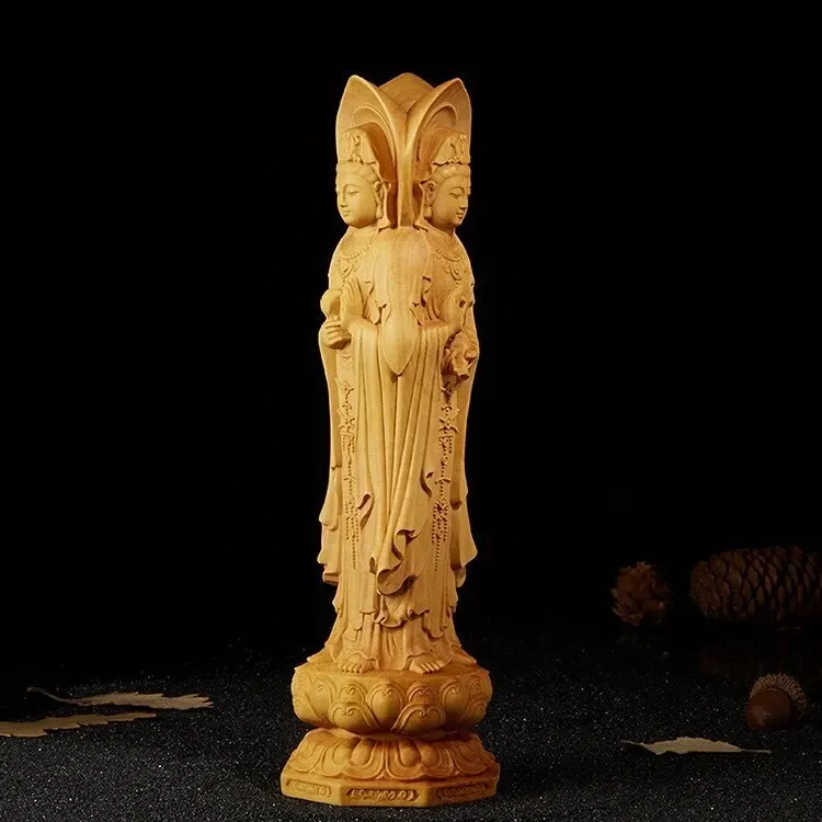 15cmBuddha Guanyin Statue Wood Carving Home Decor Buddhism Figurines Three-sided