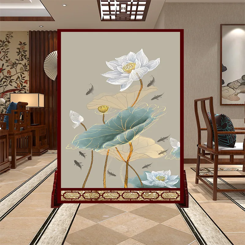 

screen partition wall double-sided living room fabric simple entrance office entry solid wood seat screen new Chinese style