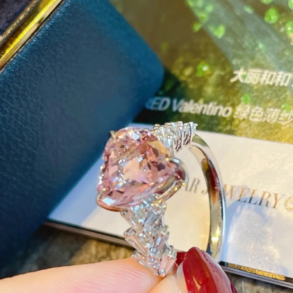 الوردي القلب كبير قيراط الزركون مجموعة خاتم مجوهرات فاخرة للنساء #2