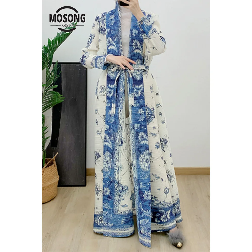 

Mosong Fashion Miyake Printed pleated long cape coat spring and summer large lapel lace-up cardigan top long Abaya 2024