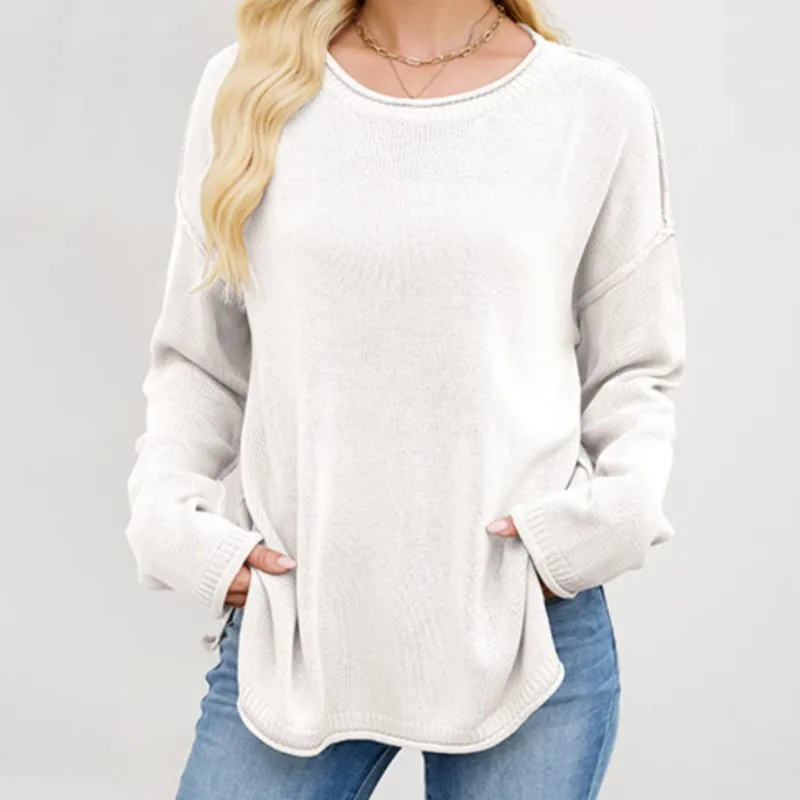 

2025 Новый зимний женский вязаный свитер, однотонный, с круглым вырезом и пуловер, свободный размер для повседневного ношения, свитера с заниженными плечами, топы