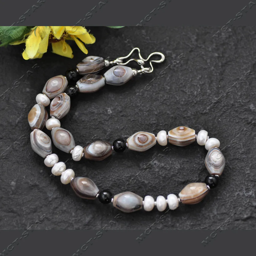 

Ожерелье MCT·STAR 21 дюйм, 20 мм, из белого рондельного жемчуга и натурального черно-коричневого рисового агата с полосками (Z14494)