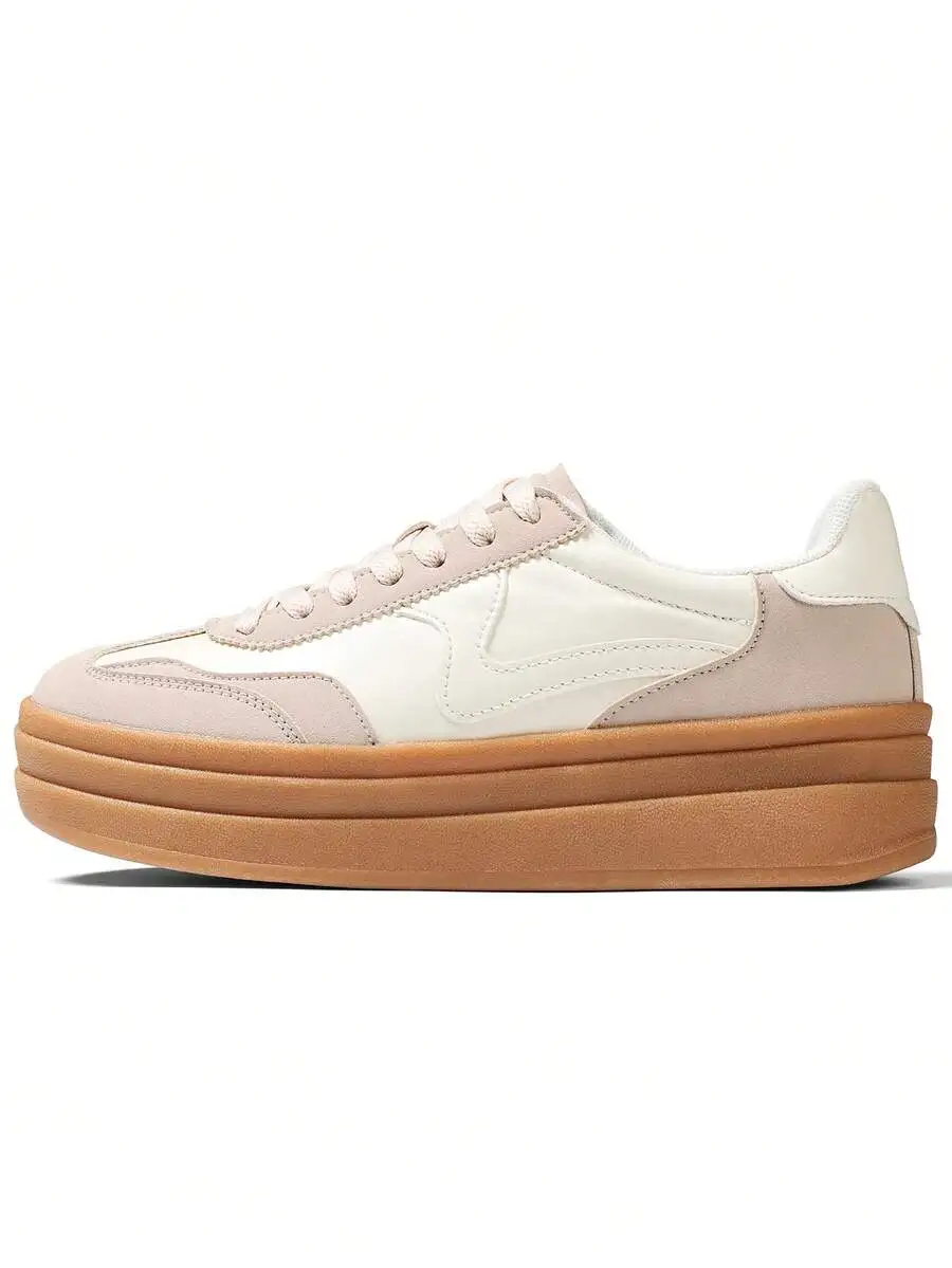 

Women Lace-Up Platform Sneakers Round Toe Thick Sole Comfortable Casual Shoes Nude Pink