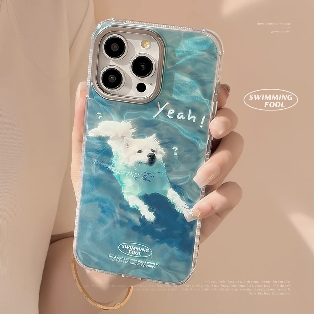 Creative Water Ripple Crab for iPhone Case, Samoyed Ocean Swim Phone15 14 13 12 Pro Max, Cute Puppy