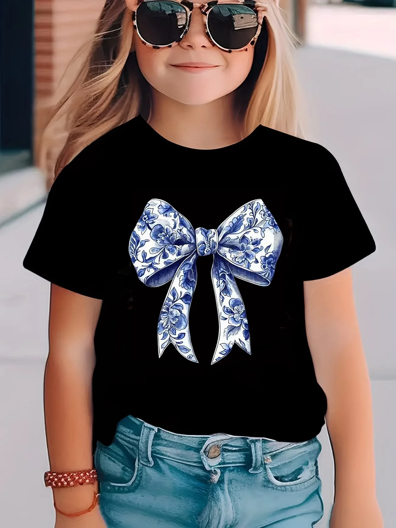 Mädchen Y2k Blue Lover Bow Design Bedruckte T-Shirts Kinder T-Shirt Mädchen Sommer Frühling Casual Top Tee
