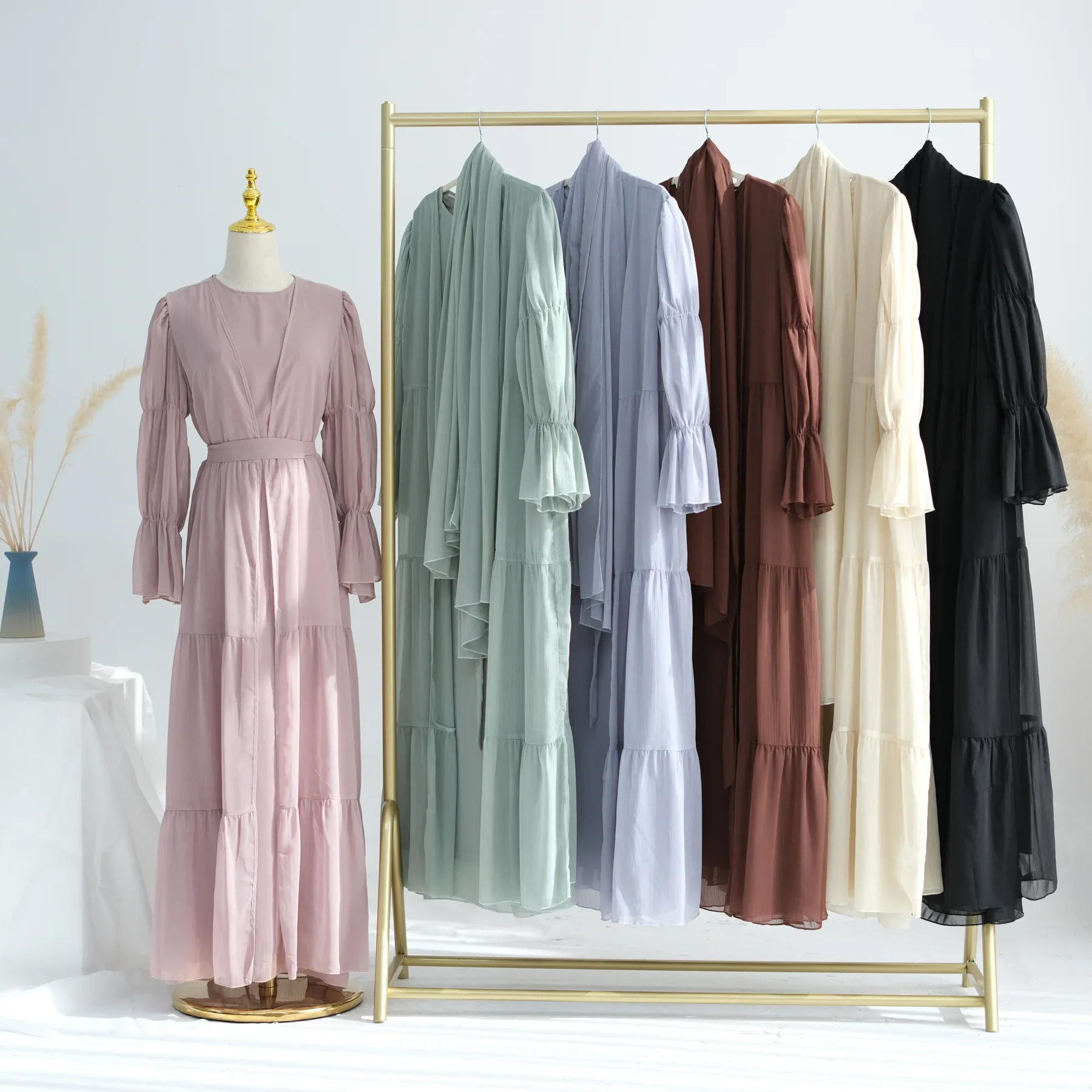 ชีฟอง SHEER เปิด Abaya ชุด Hijabi มุสลิมสตรี Ramadan เสื้อผ้าอิสลามดูไบตุรกี Kaftan Crepe Kimono เปิด Abayas