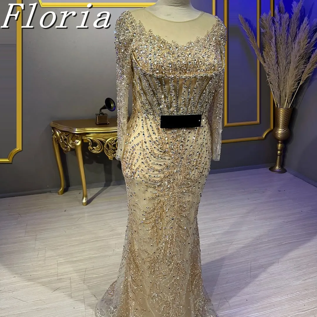 Floria Rhinestones ชุดสําหรับงานแต่งงาน Mermaid แขนยาว Beaded ชุดราตรี Robe De Soiree คําพรหม Gowns ที่กําหนดเอง