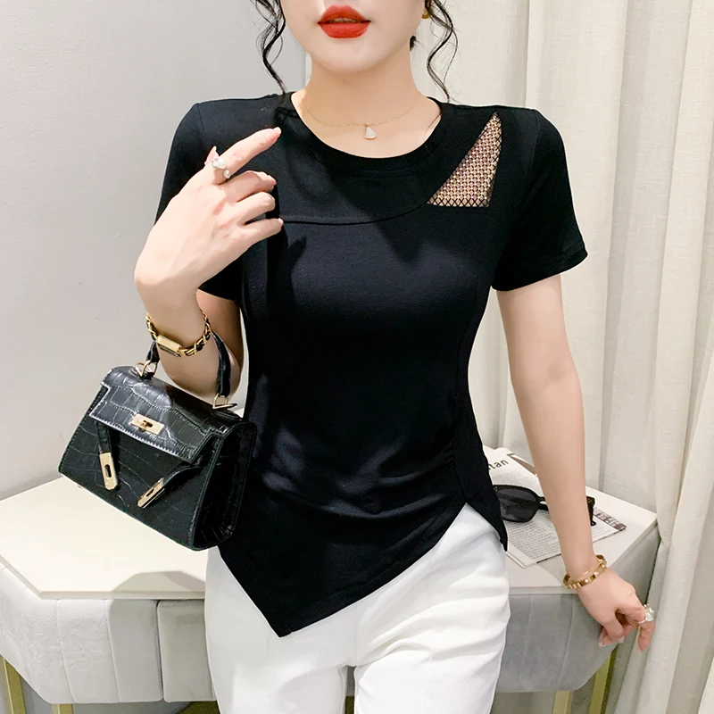 

Black Summer Korean Style Cotton T-Shirt Women Sexy O-Neck Hollow Out Diamonds Irregular Tops Short Sleeve Tees 2024 New 4419