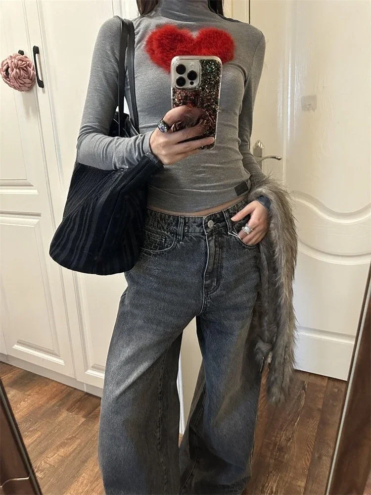 

Y2K Vintage Slash Neck T-Shirt Women, Harajuku Streetwear Fur Love Patchwork Tee Slim Fit