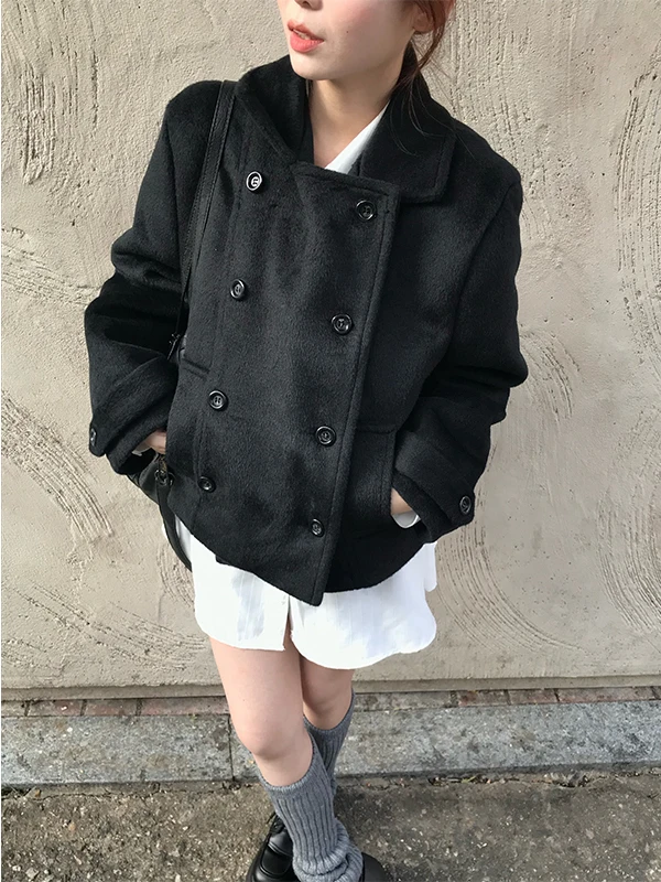 Korean Sle Faionable Double Breasted Woolen Coat ort Warm Women's Outerwear Winter New Arrival Small Size Polyester Fiber