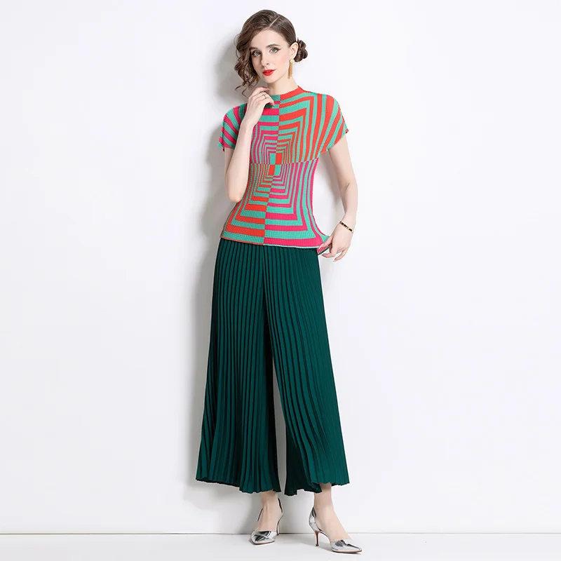 Miyake T-shirt New High-end Pleated Casual Printing Niche Loose Versatile Wide-leg Pants 2024 Summer Set Two Piece