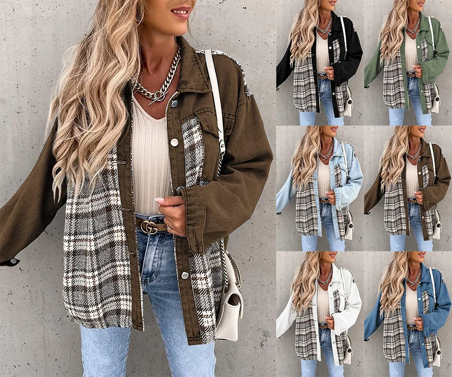 

Autumn and Winter Denim Jacket Long Sleeve Plaid Button Shirt Jacket Top 2025