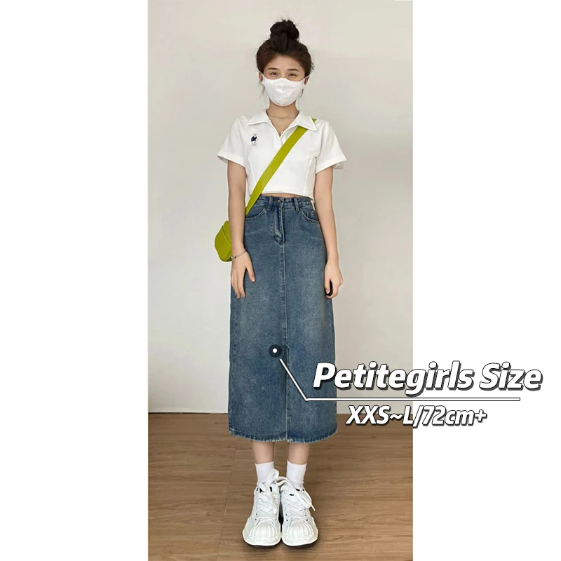 

Petite Girls Y2K Vintage Denim Skirt Women Summer High Waist A-line Bud Split Appear thin Preppy Style Underlay Straight Casual