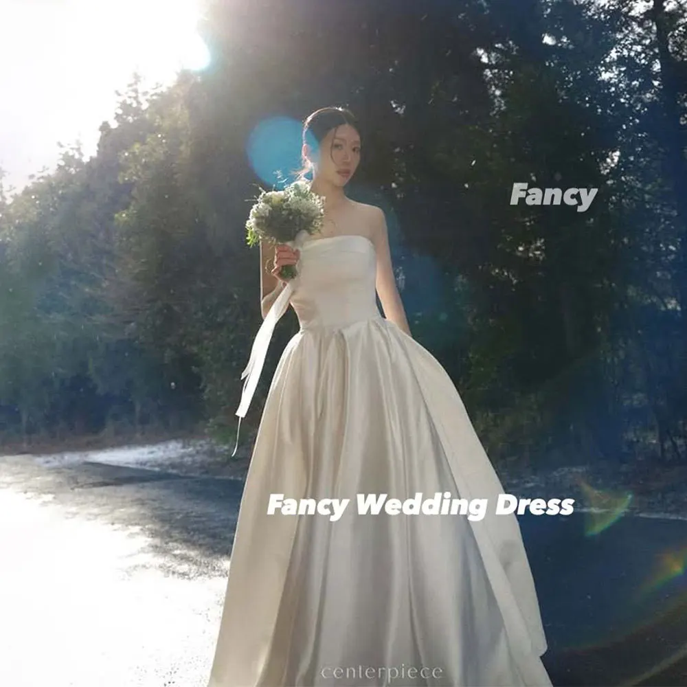 

Fancy Simple Strapless Wedding Dress Korea Photo Shoot A Line Soft Satin Bridal Gown Floor Length Back Corset Customized