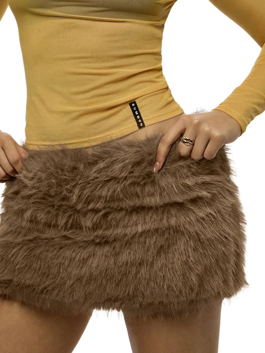 Latest Sexy Faux Fur Mini Skirt Women Winter Fluffy Plush Bodycon Y2K Clubwear Party Outfits 2026 New Fashion Chic Outwear