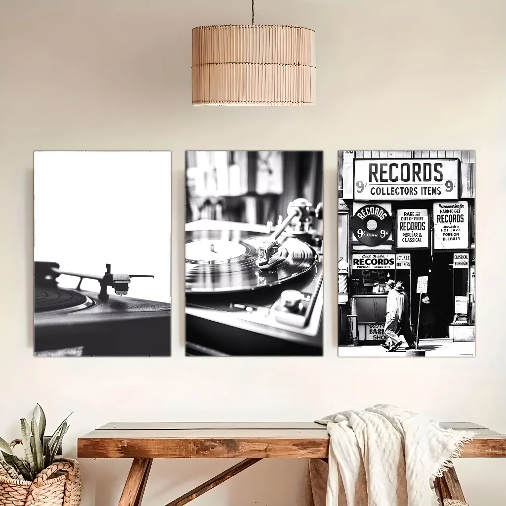 3 Piece Vintage Vinyl Canvas Art Frameless Vintage Metal Wall Decor Living Room Decor Colorful Music Room Phonograph Photo