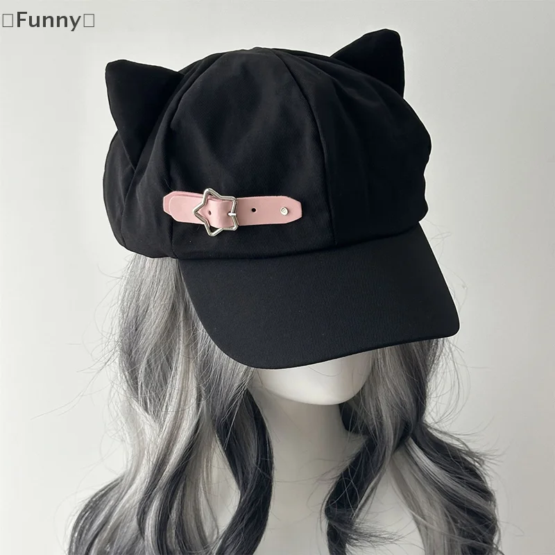 〔Funny〕 Cat's Ears Harajuku Gothic Lolita Beret Y2K Girls' Steampunk Punk Zipper Handmade Sun Hat Cap