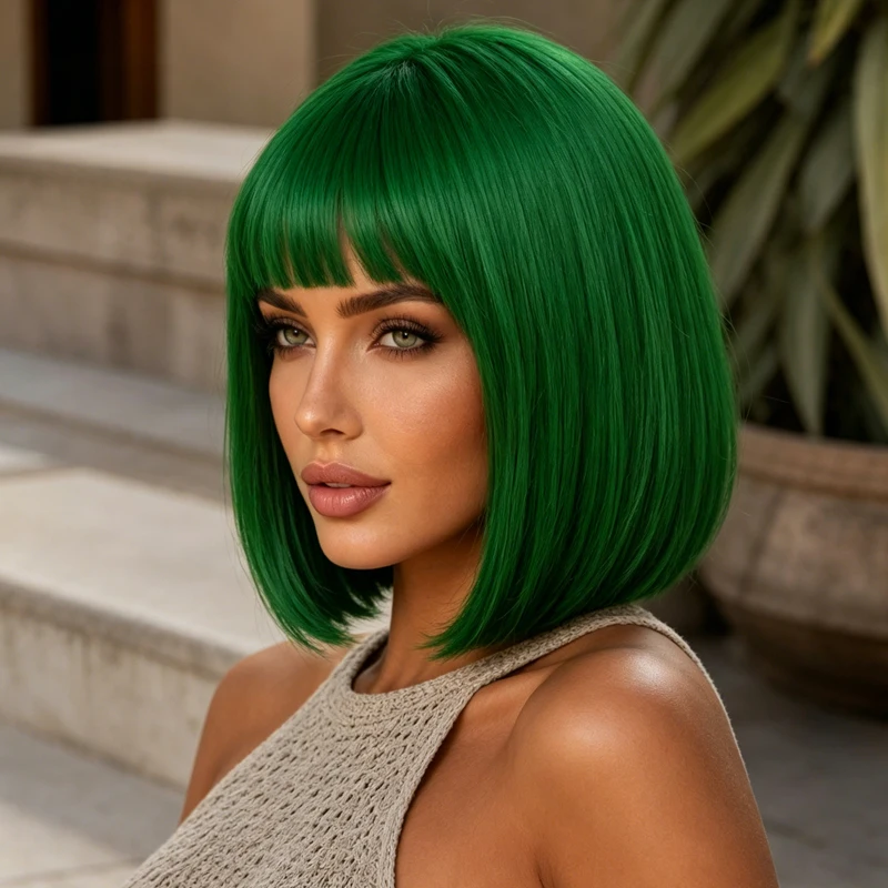 

Women Short Synthetic Bob Wig 12 Inch Bright Green Smooth Straight Hair Wig with Flat Bangs Costume Daily Styling