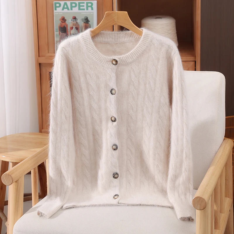 

Cardigan Cable Stitch Soft Warm Casual Loose Women's O-Neck Autumn Winter 100% Mink Cashmere Sweater Exquisite Clothing Tops