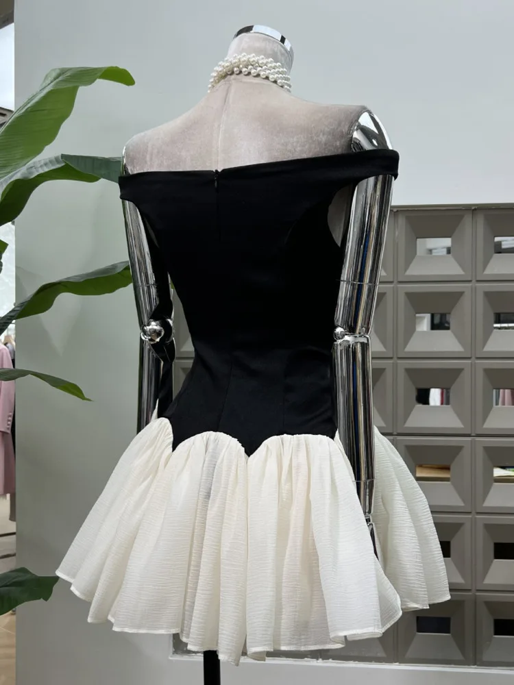 DFDG Abito da donna con spalle scoperte e spalle scoperte, vita smockata, gonna a sbuffo color block, abito da vacanza design primavera estate