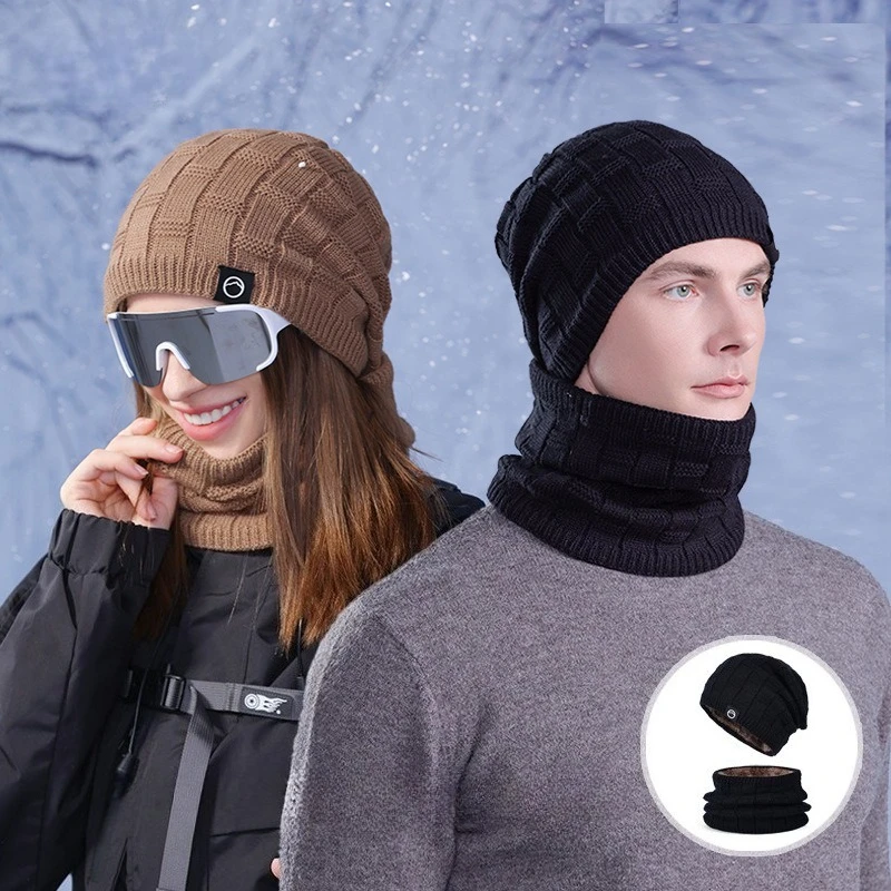 

Зимний уличный ветрозащитный пуловер с защитой ушей, флисовая теплая шапка, комплект шарфов, мужская и женская вязаная шерстяная шапка