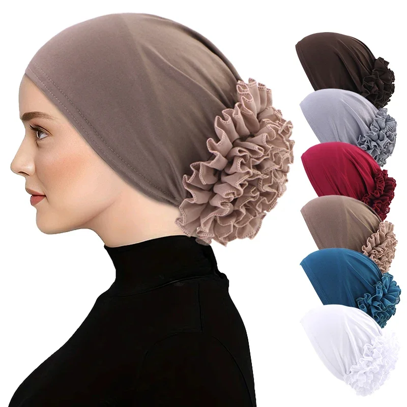 

New Breathable Chiffon Hat with Large Flowers Solid Color Thin Bottom Cap Islamic Head Wrap Women's Elastic Anti Hair Loss Hat