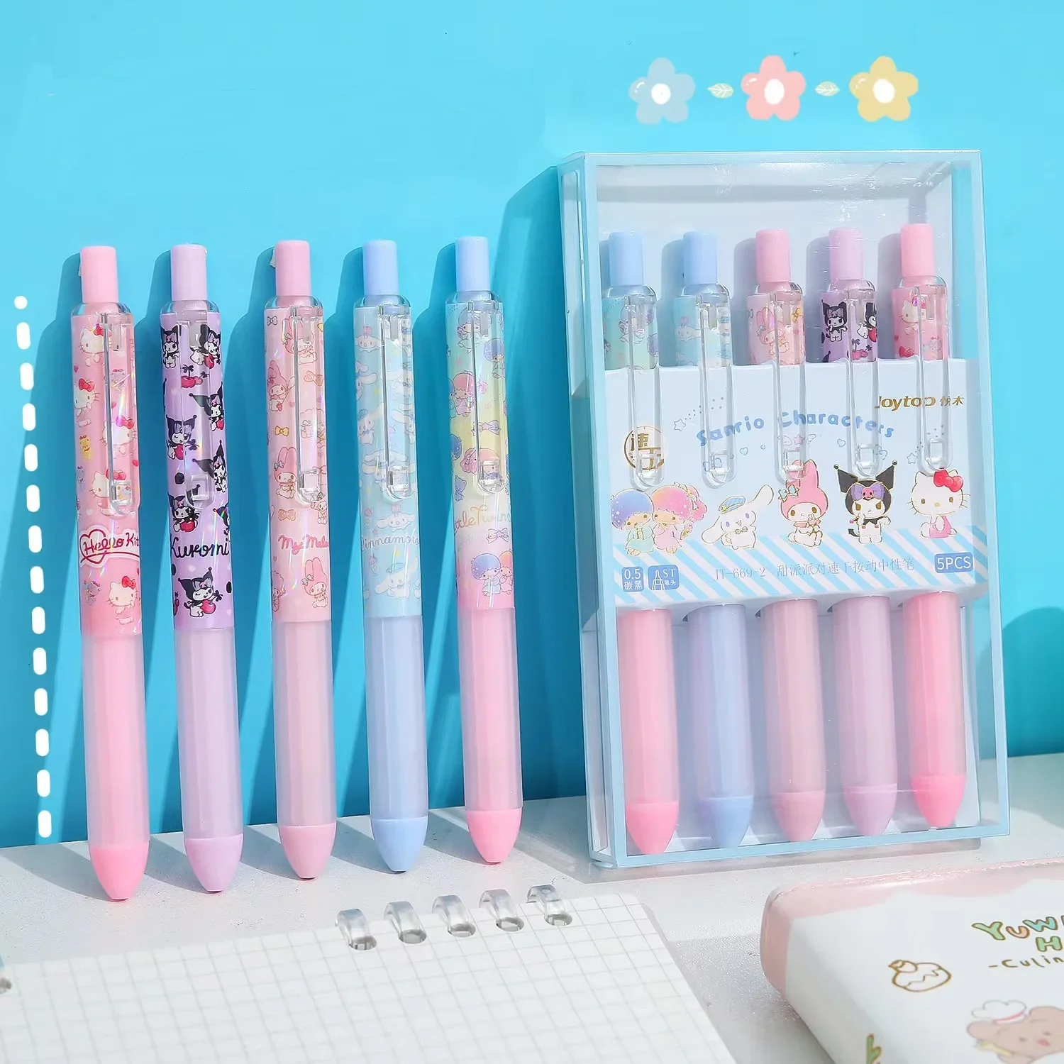 New 5Pcs Sanrio Anime Cute Neutral Pen Mymelody Kuromi Cinnamoroll Pom Pom Purin Student Cartoon Hook Press Pen Stationery Gift