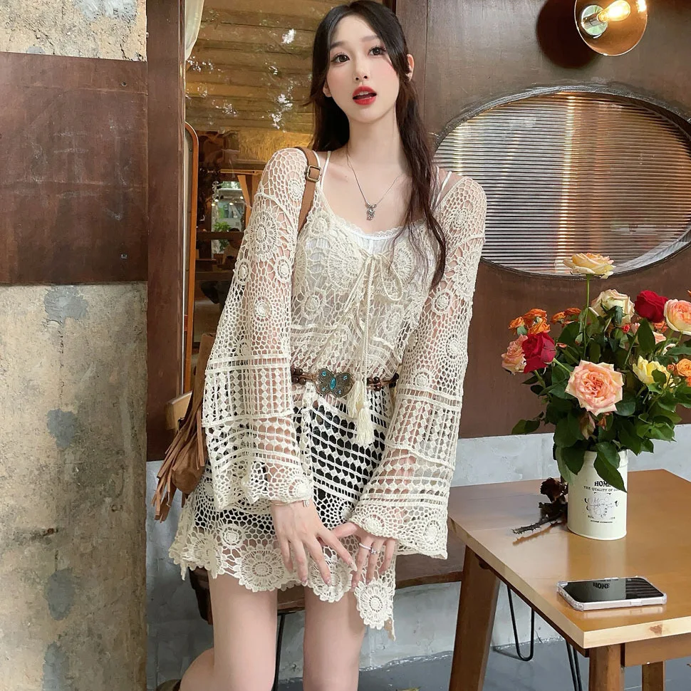 

2026 New Summer Women's Boho Vacation Style Hollow Lace Cardigan Midi Length Crochet Knit Sun Protection Cover Up