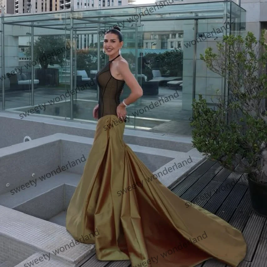 Illusion trompette robes de soirée femme Satin balayage Train vestidos de noche robe de bal formelle robes de fête de mariage personnalisé