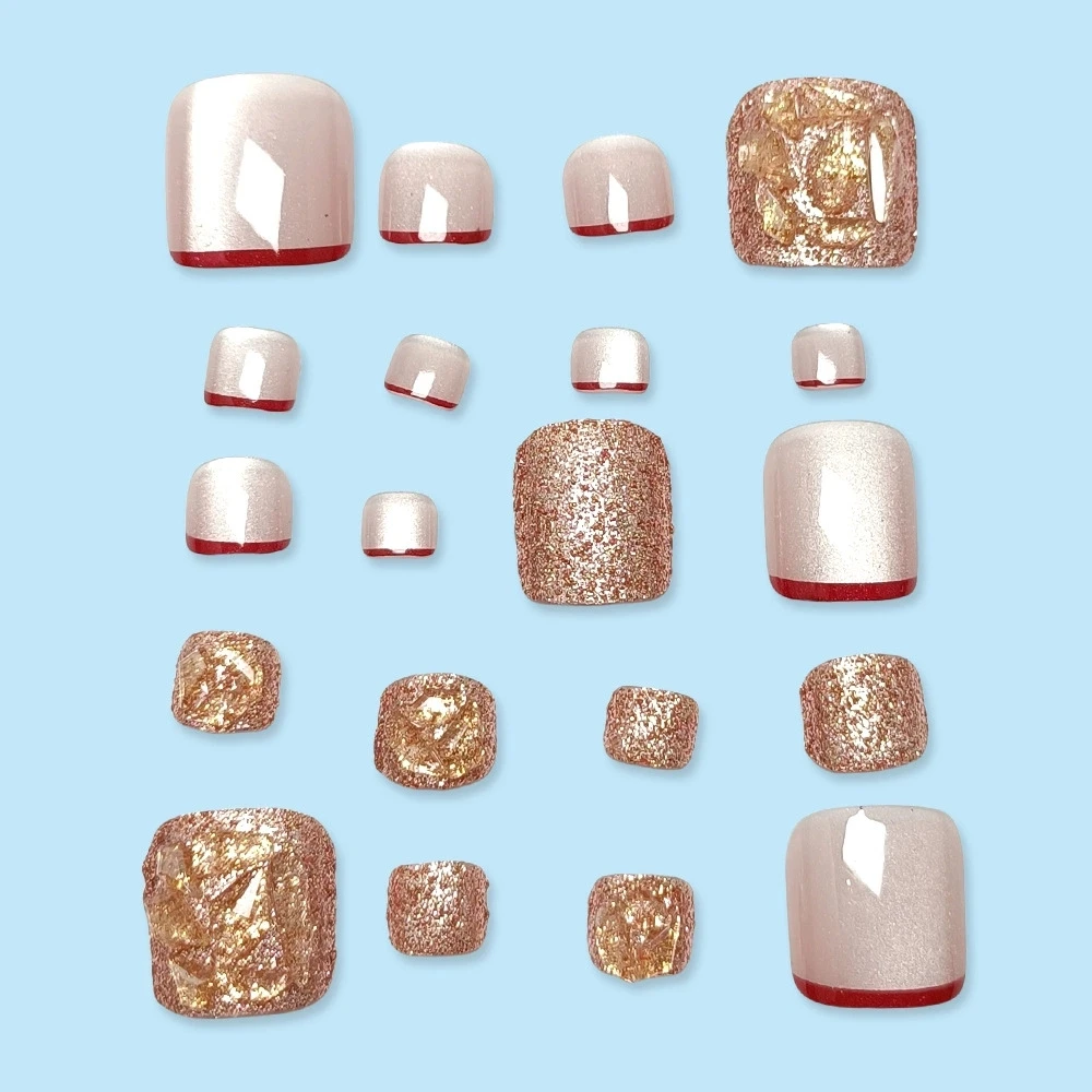 24pcs Flash Diamond Cat's Eye Toe Nails Wine Red French Fake Nails Fashion Champagne Glitter False Nail Decor Press On Foot Nail