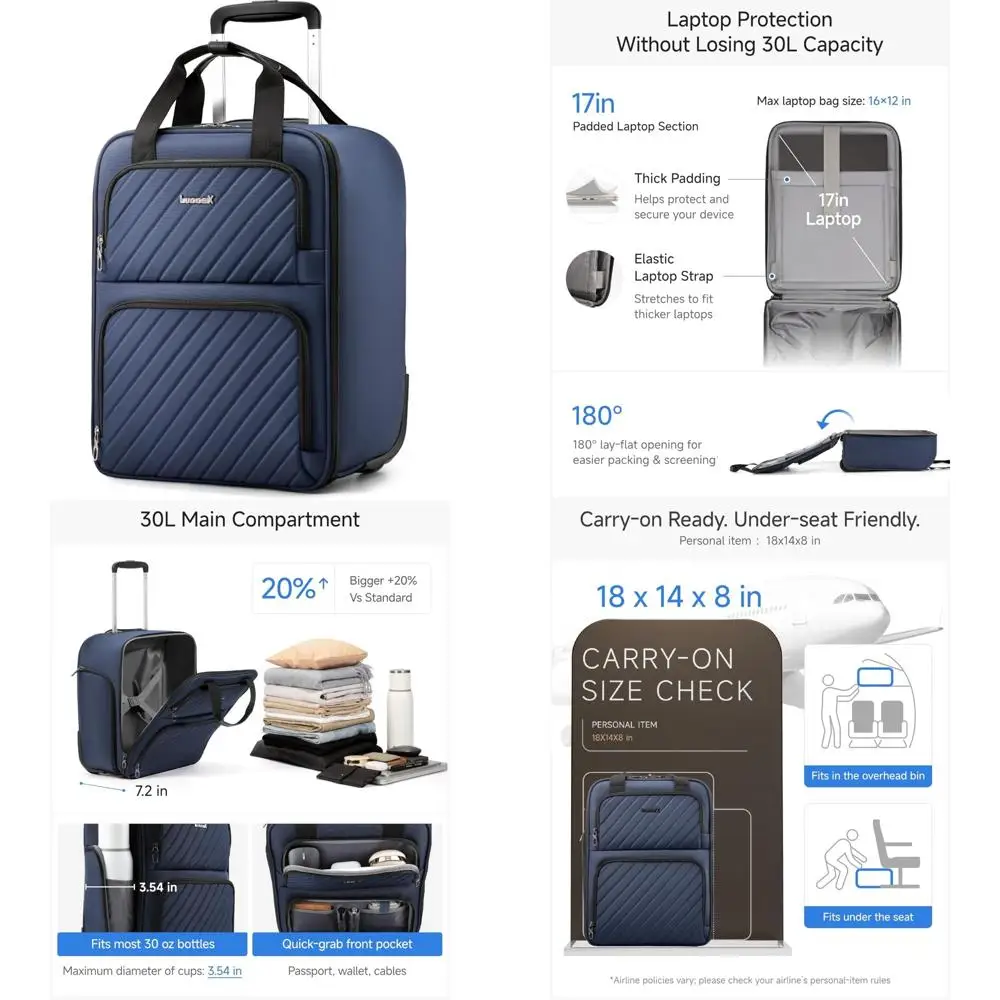 Lightweight Soft Sided Spinner Personal Item Underseat Carry-On Luggage - Stylish Suitcase for Air Travel