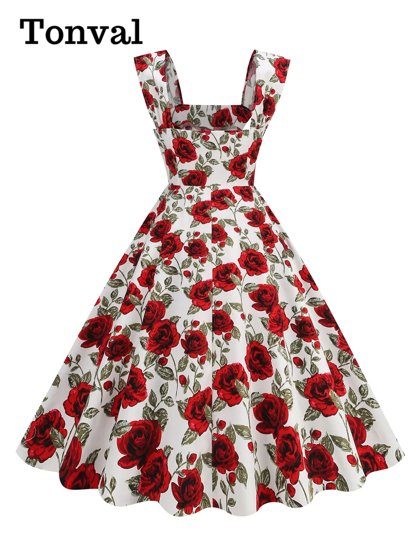 Tonval Square Neck Floral 50s Pinup Women Cotton Dress 2024 Sleeveless Vintage Party Wear Flare Long Dresses