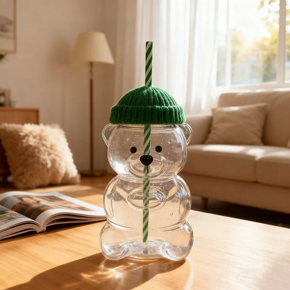 

Bear Shape Glass Cup with Straw Coffee Mug Cute Cartoon Creative Glass Juice Cup Tea Cup Drinkware Coffee Cup Christmas Gift