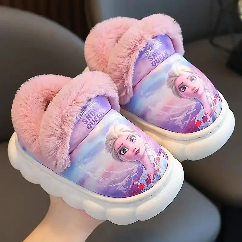 Disney Winter Children Baby Boy Cotton Slipper Kid Cartoon Frozen Elsa Spiderman Print Non Slip Warm Plush Girl Home Shoes 24-39