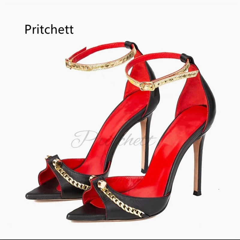 

Metal Chain Cover Heel Stiletto Women's Sandals Pointed Toe Buckle Strap High Heels Summer Shoes Black Leather Office Shoes