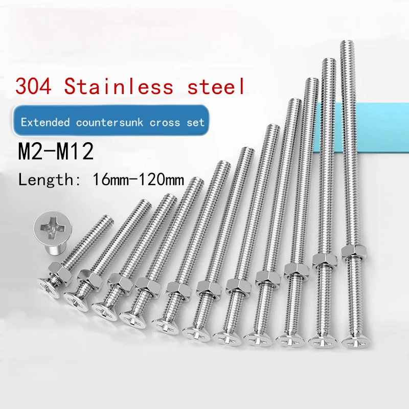 304 Stainless Steel Countersunk Cross Bolt and Hex Nut Kit Screw M2 M2.5 M3 M3.5 M4 M5 M6 M8 M10 M12 Length 16mm-120mm 5