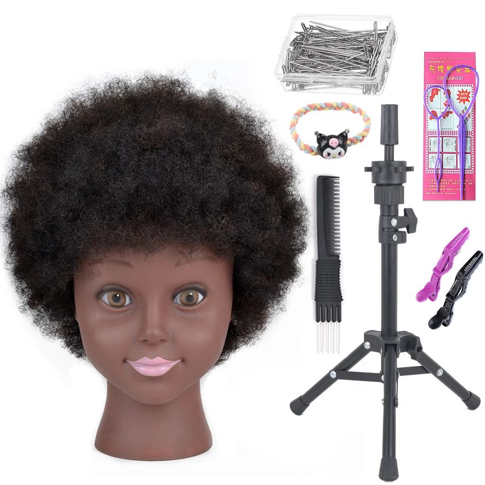 

Afro Mannequin Heads wig for Braiding Hair Dolls head With Adjustable Wig Stand Holder Real Human Training Hairdresser Model Kit