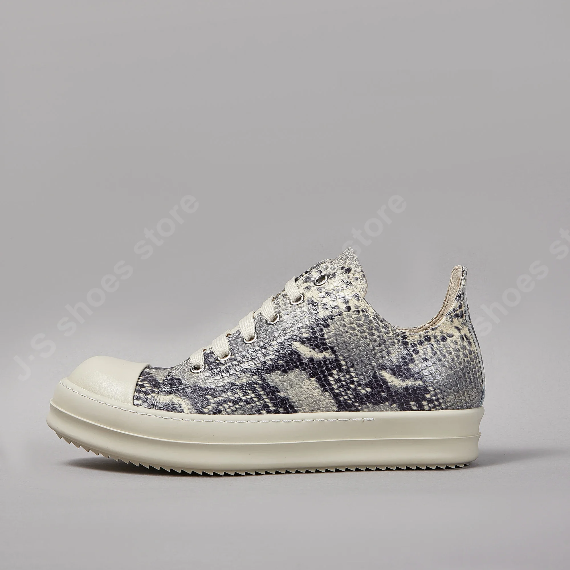 Ricks Herrenschuh Python-Druck Graues Leder Low-Top-Schuh Schnürschuh Owens Damen Sneaker Freizeitschuh Owens Dicke Sohle Schuhe Sneakers