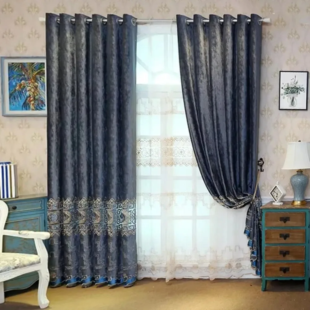 European and American Thickened Velvet Blackout Laser Embroidered Window Curtains for Living Dining Room Bedroom Hotel Study
