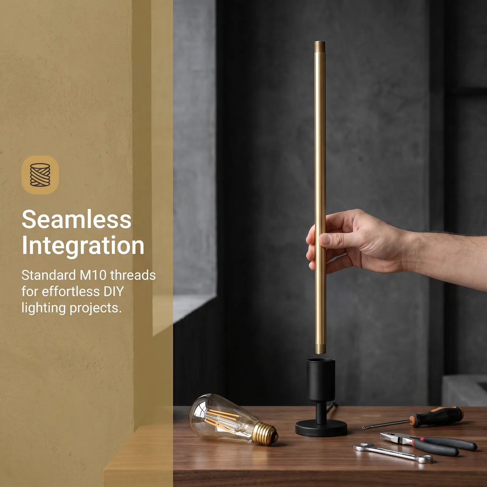 Copper Threaded Stem M10 External Hollow Tube 350Mm Lamp Replacement Part DIY Industrial Wall Lamp Hardware Lighting Suspension