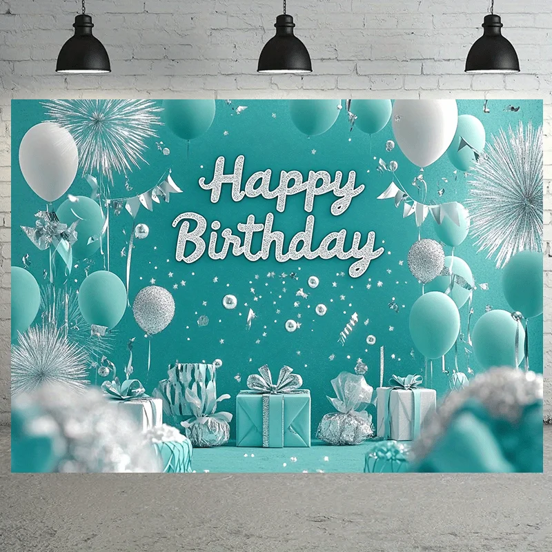 1 blaues und türkisfarbenes Geburtstagsparty-Banner – festliches Polyester, mit Luftballons, Konfetti und Geschenkboxen