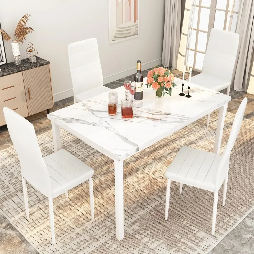 Marble Kitchen Dining Table Set and Chairs for 4, Comfortable PU Leather Chairs,Dining RoomTable Set for Small Space,Living Room