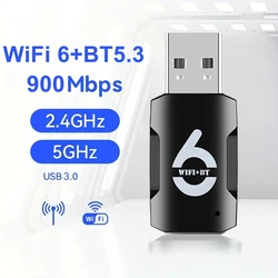 Dongle USB Placa de rede sem fio, Bluetooth 5.3, AX900, 900Mbps, WiFi 6, Dual Band 2.4, 5G, Driver gratuito para PC, Laptop