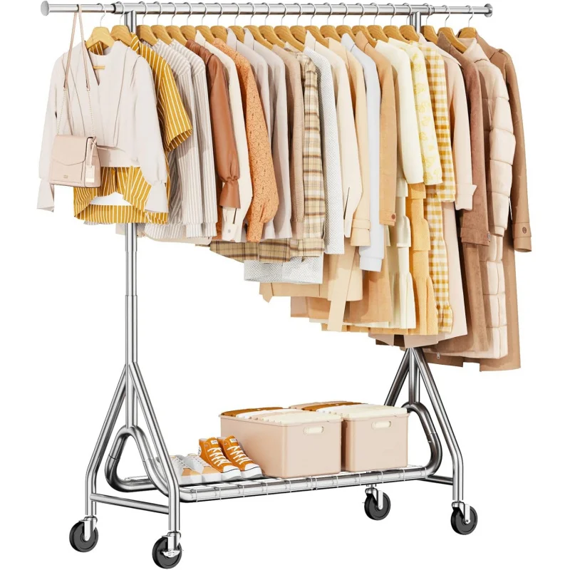 

Heavy Duty Metal Clothing Rack 500LBS Capacity Rolling Coat Rack with Lockable Wheels for Bedroom Silver