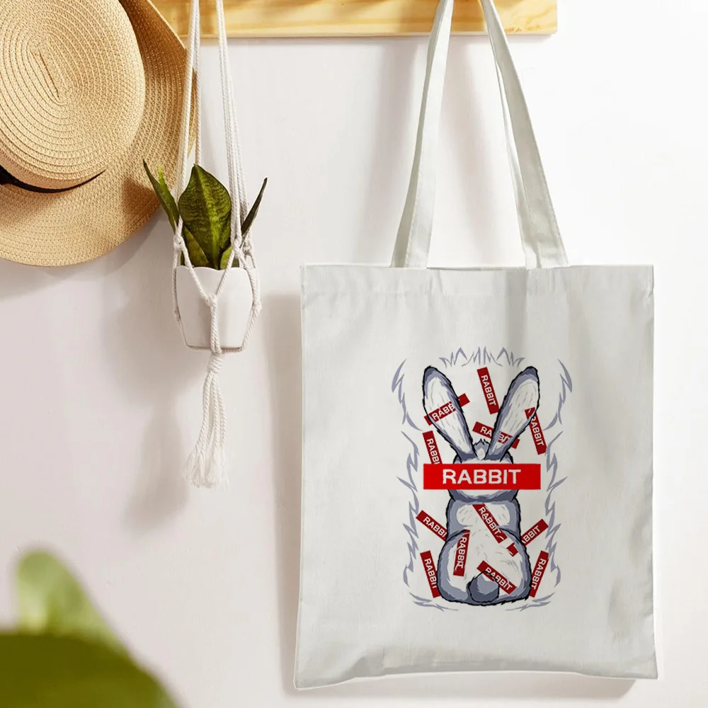 

Graffiti Bunny Print White Canvas Tote - Multi-Use Reusable Shopping Bag, Hand Carry All with Pouch for Storage & Organization