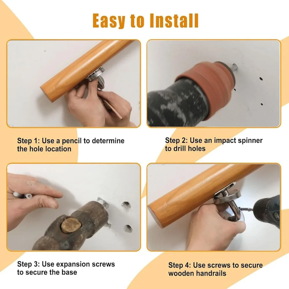 طقم حاجز سلالم داخلي مضاد للانزلاق، درابزين خشبي بطول 5 أقدام مع دعامات معدنية، نظام تركيب كامل على الحائط آمن #6