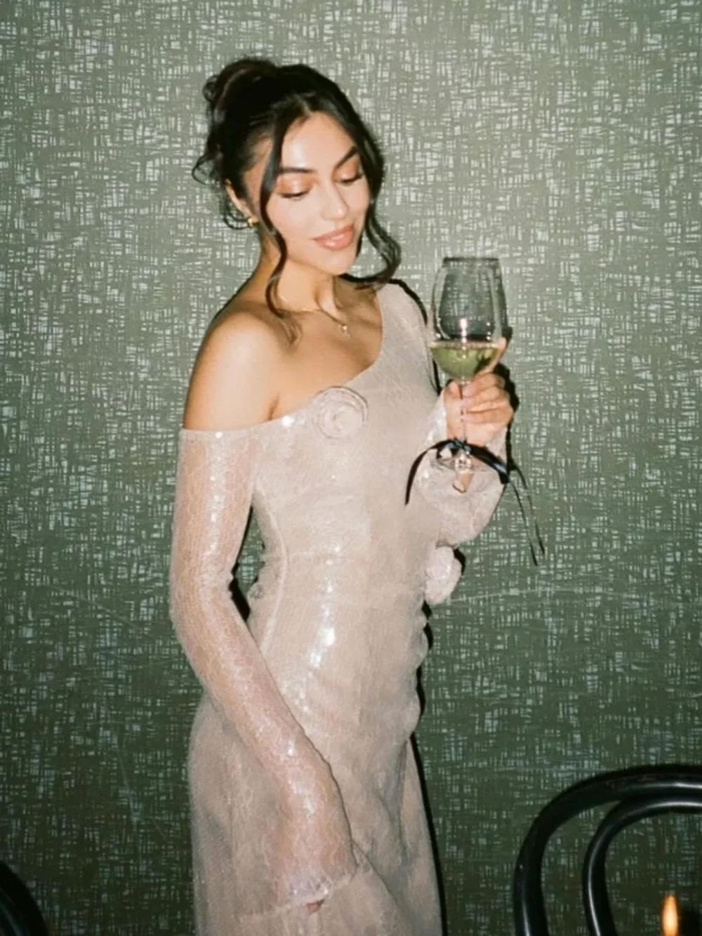 Modphy شبكة الصلبة الترتر ثلاثية الأبعاد الزهور قطري طوق كم طويل مثير Bodycon فستان ماكسي 2025 موضة جديدة الملابس مهرجان حفلة